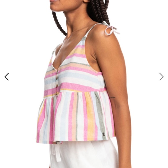 Roxy Pink, White, Yellow Striped Button Midriff Tank Top - Picture 3 of 11